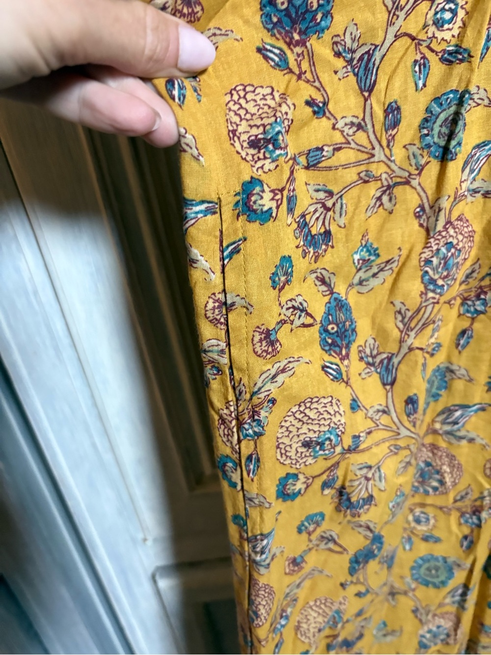 Golden Ochre Floral Block Print Empire Flowy Midi Dress European Effortless Boho - Picture 5 of 9